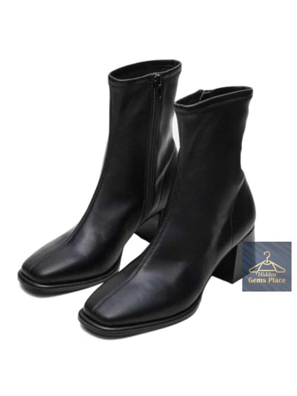 Square Toe Faux Leather Ankle Booties Chunky Block Heel Side Zip